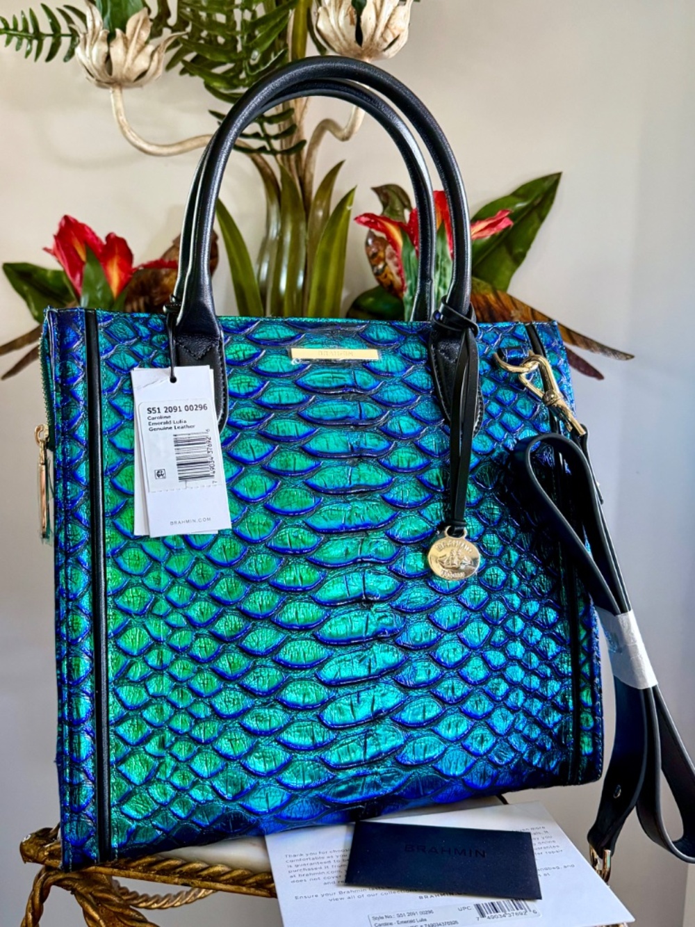 ๐๐ NWT Brahmin Emerald Lulia Caroline Metallic Blue Green Snake Print Bag ๐๐ - Picture 6 of 16